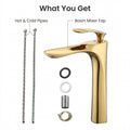 Golden wash basin mixer tap installed on wash basin, modern bathroom interior look in India