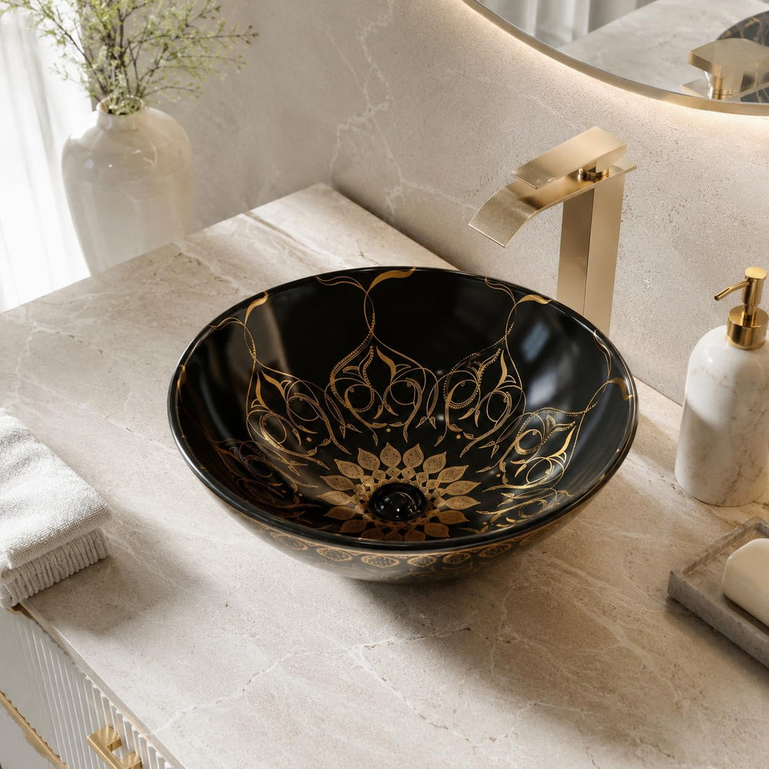 InArt ceramic wash basin design, round table top wash basin in black and gold finish, front view