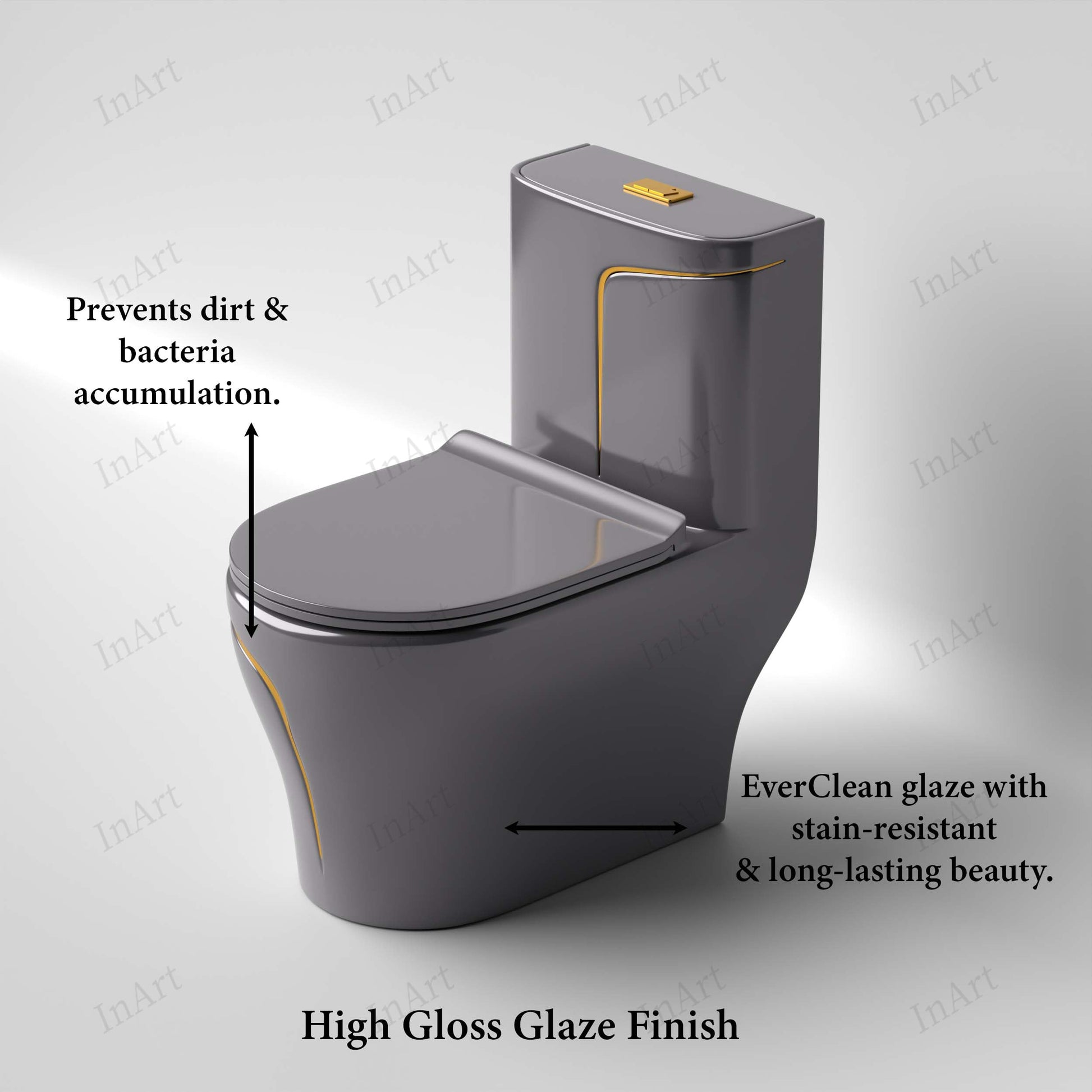 Floor mounted one piece water closet in glossy grey ceramic, modern European toilet seat style for lavatory