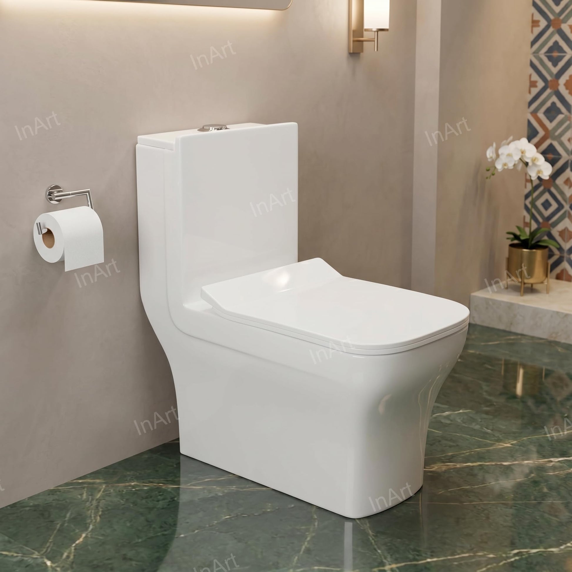 InArt s trap western toilet 9 inch outlet, one-piece ceramic commode bottom outlet detail