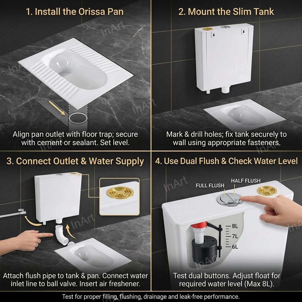 InArt Indian toilet pan and cistern set, glossy white ceramic Orissa pan with PVC slim flush tank, rear view