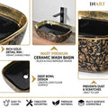 Designer bathroom table top sink, oval ceramic glossy black and gold wash basin, side angle