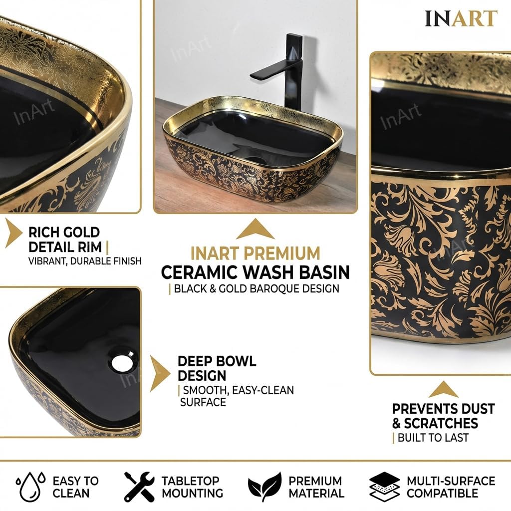 Designer bathroom table top sink, oval ceramic glossy black and gold wash basin, side angle