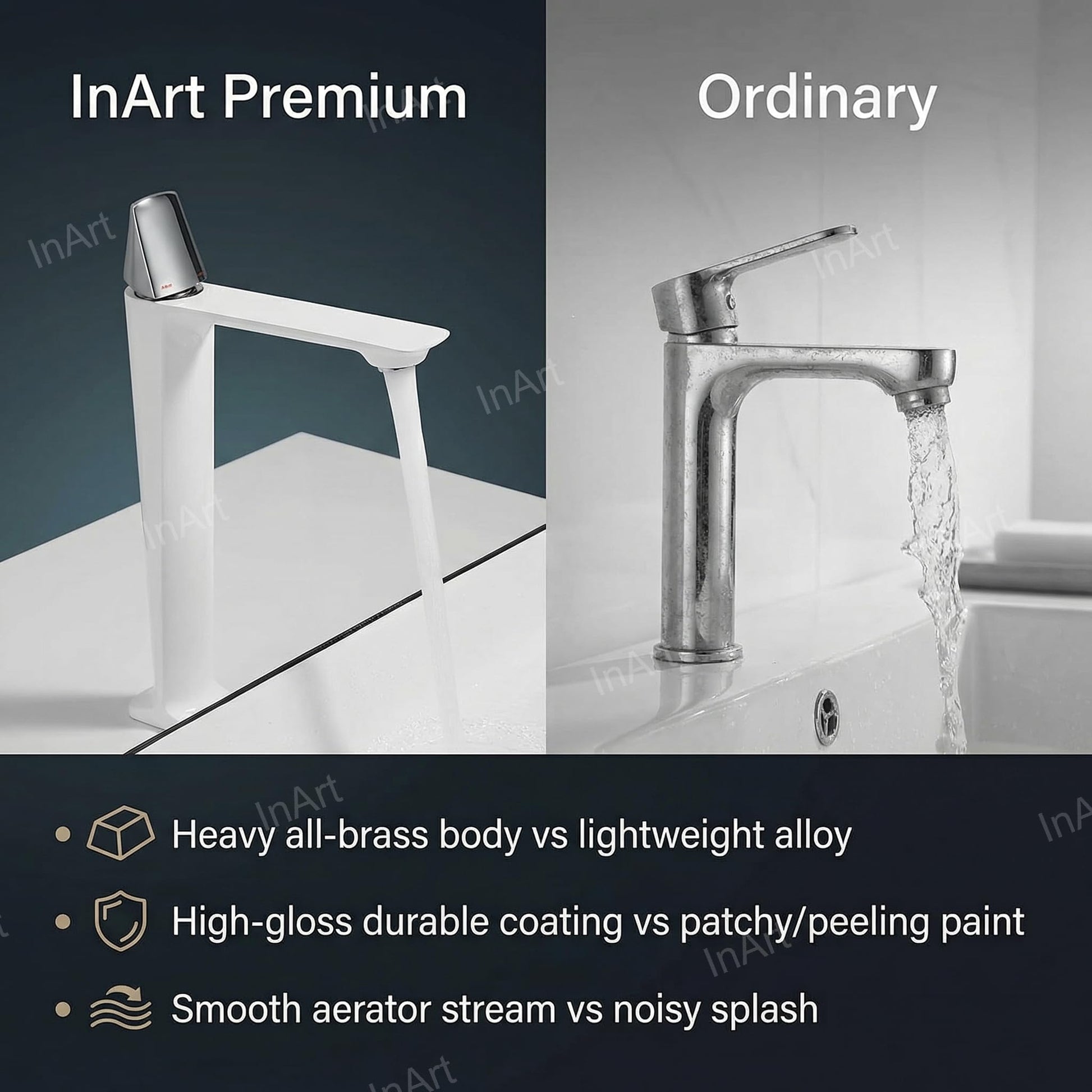 InArt brass basin tap in white finish, high neck long body basin mixer tap for compact washroom basins