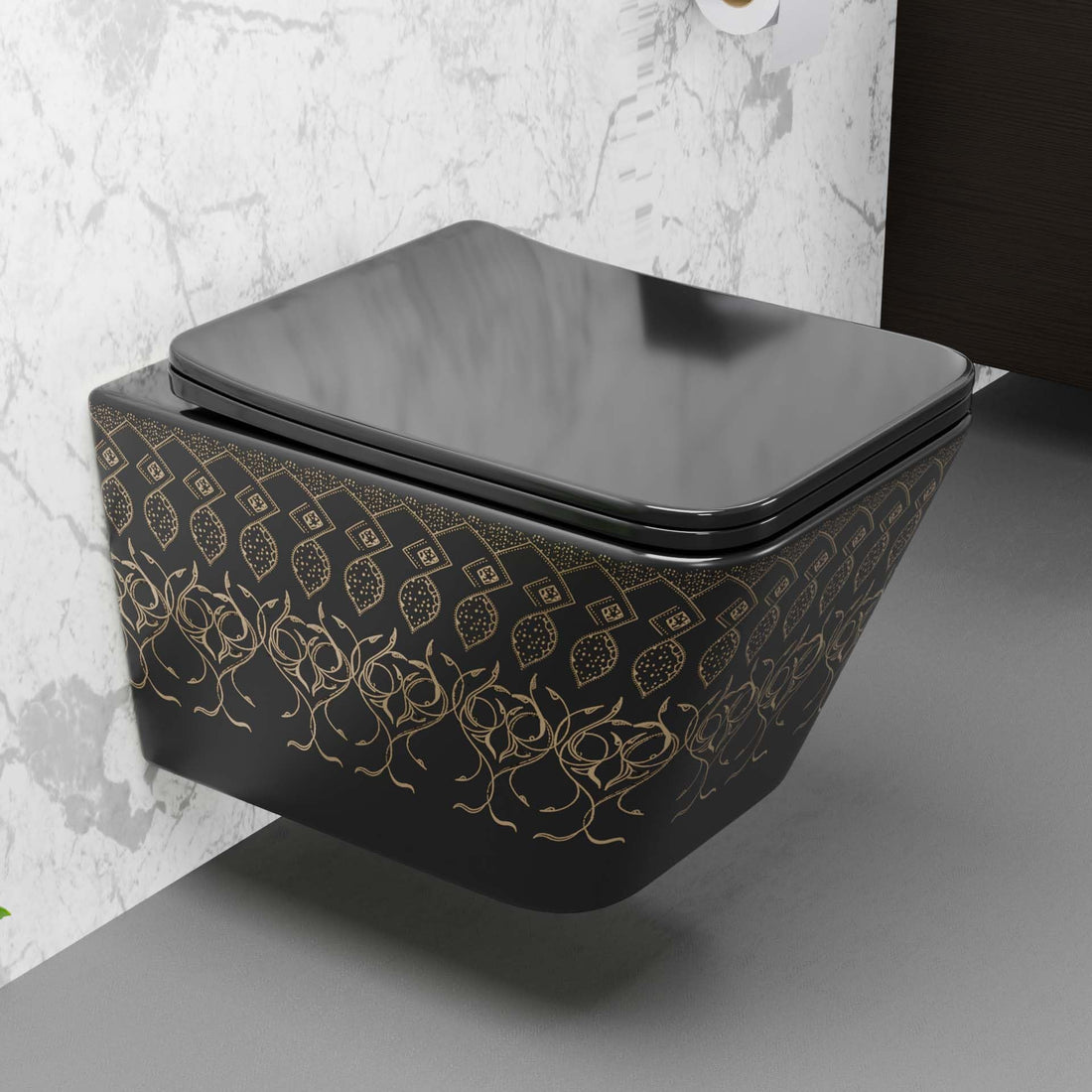 Hindware wall mounted commode style InArt rimless ceramic oval wall hung WC in black, front view