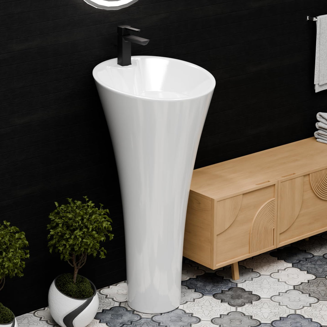 InArt modern pedestal wash basin design in glossy white ceramic, round one piece freestanding basin