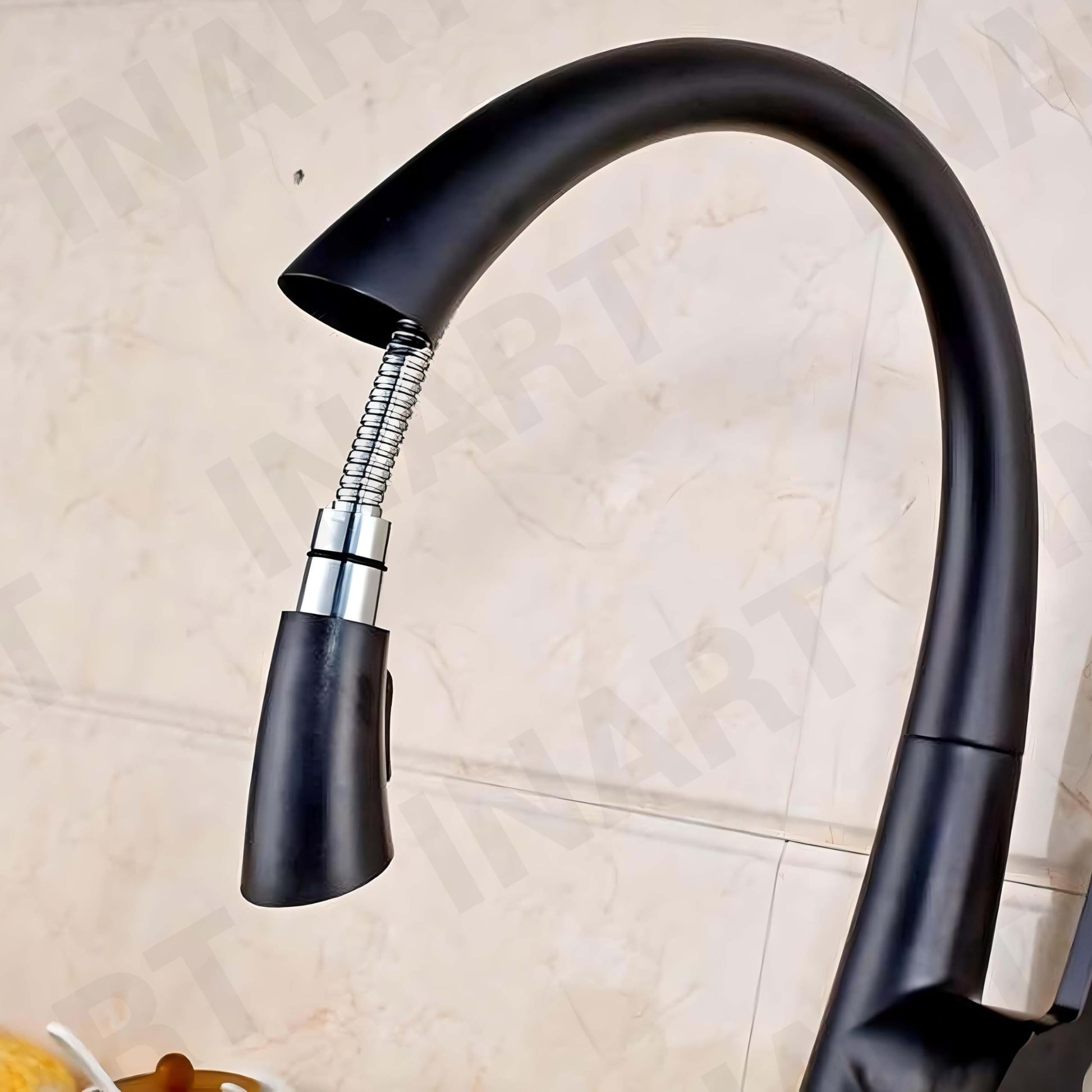 Kitchen sink faucet with pull down sprayer, 360 swivel spout and single lever control in matte black