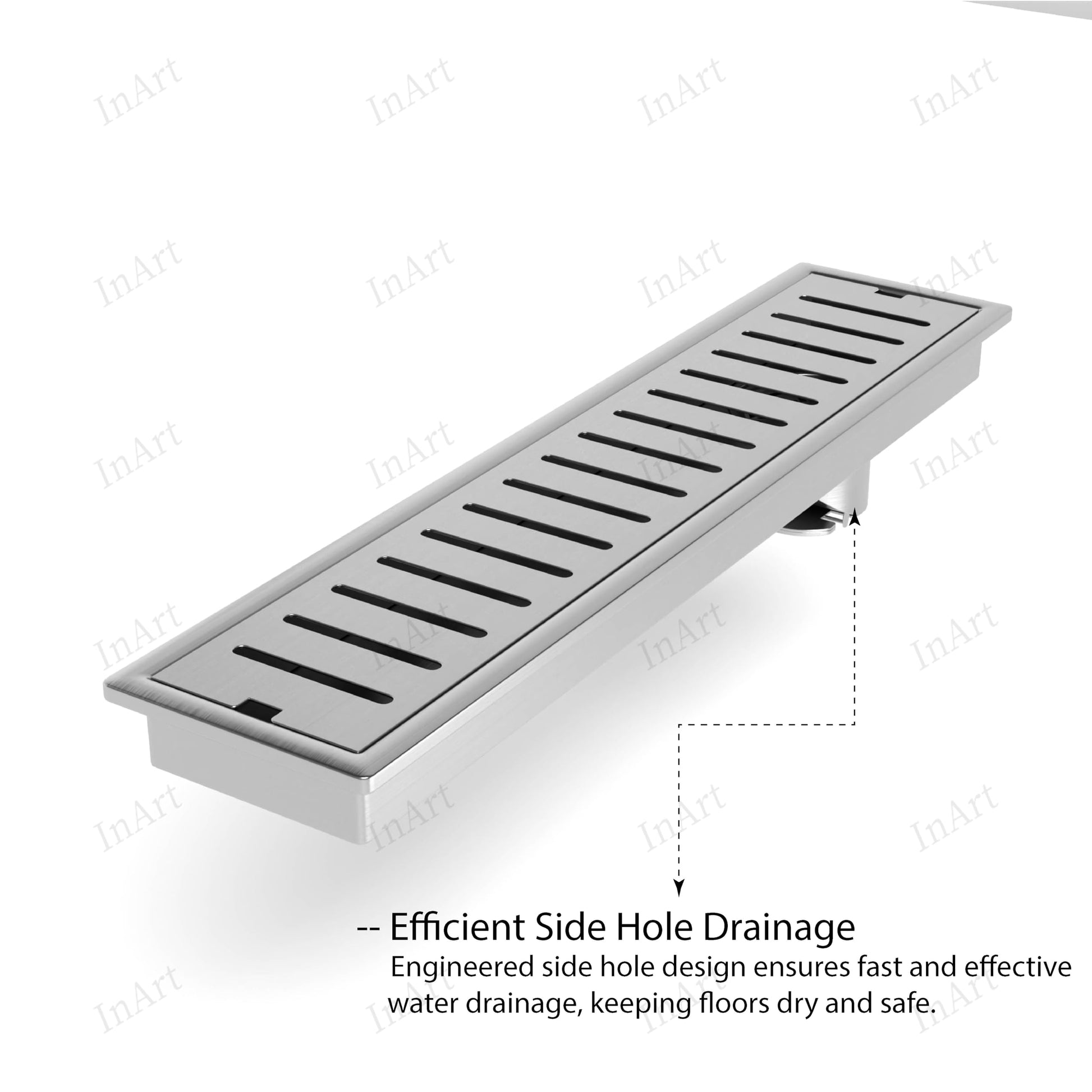 InArt rectangular shower drain channel installed in bathroom floor, sleek stainless steel finish for modern interior
