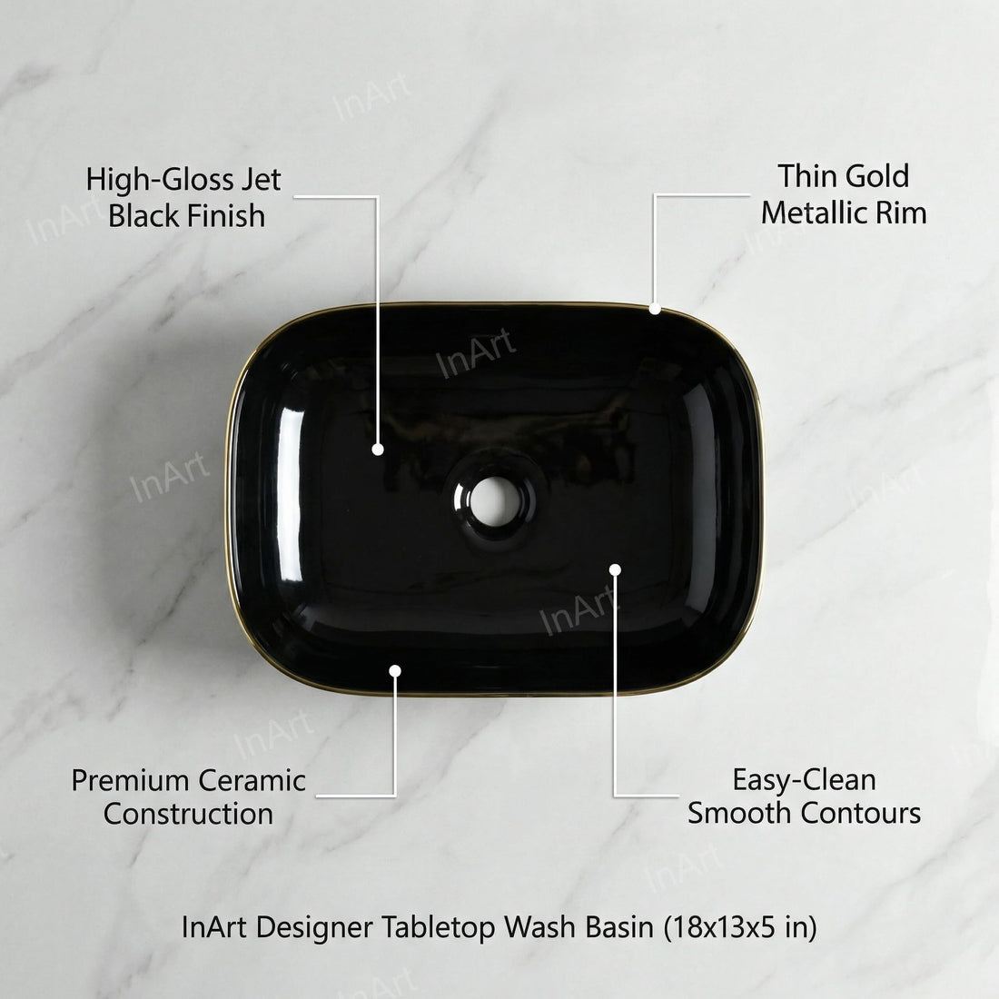 Hindware table top wash basin alternative by InArt, glossy black gold rectangular ceramic basin, front view