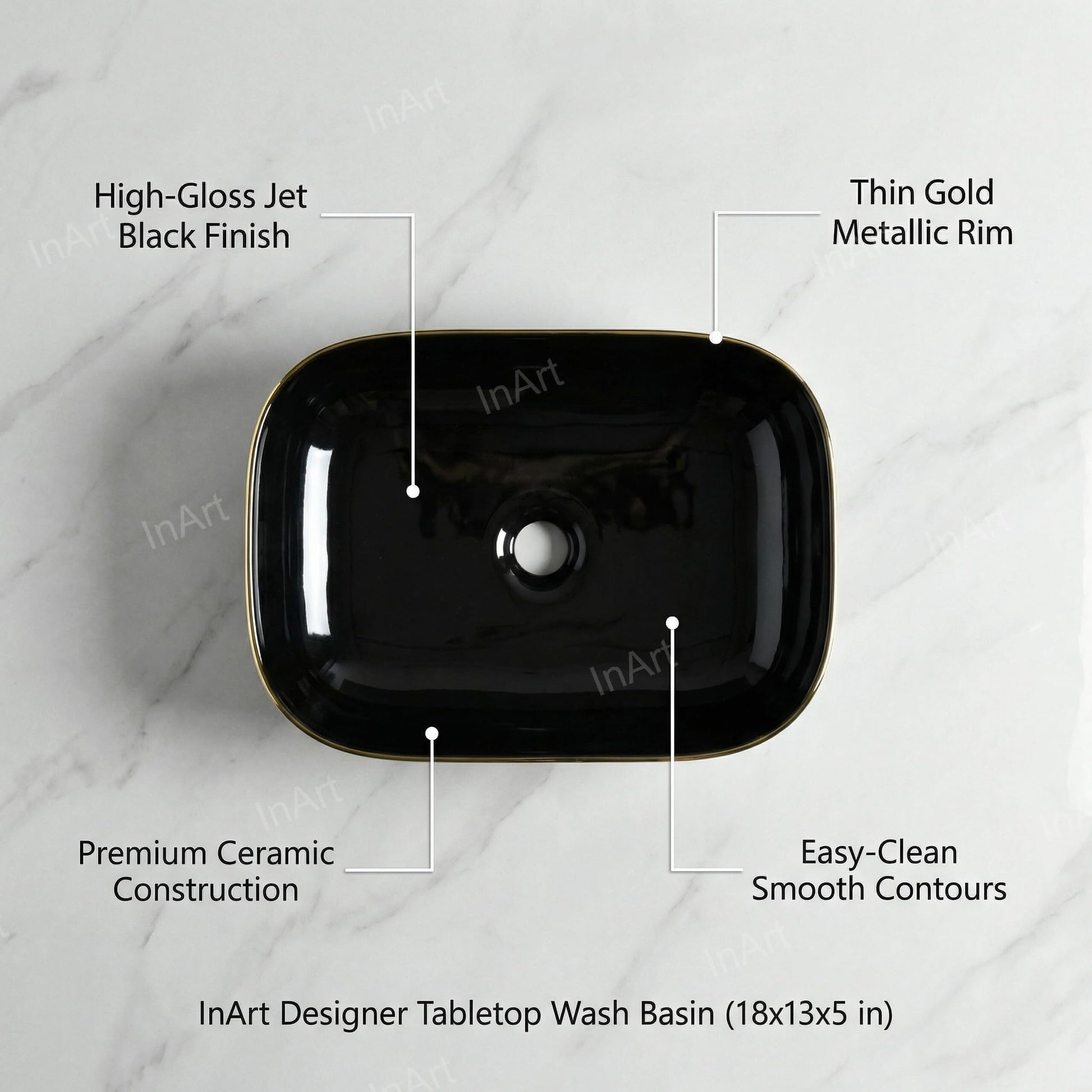 InArt designer ceramic wash basin in glossy black gold, rectangular table top basin, 3/4 angle view