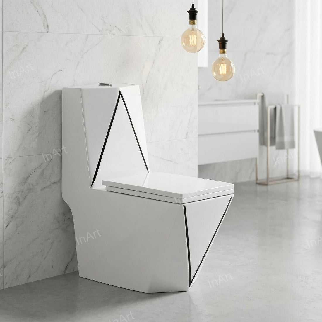 InArt single piece western toilet in dual tone black white ceramic, oval one piece commode front view