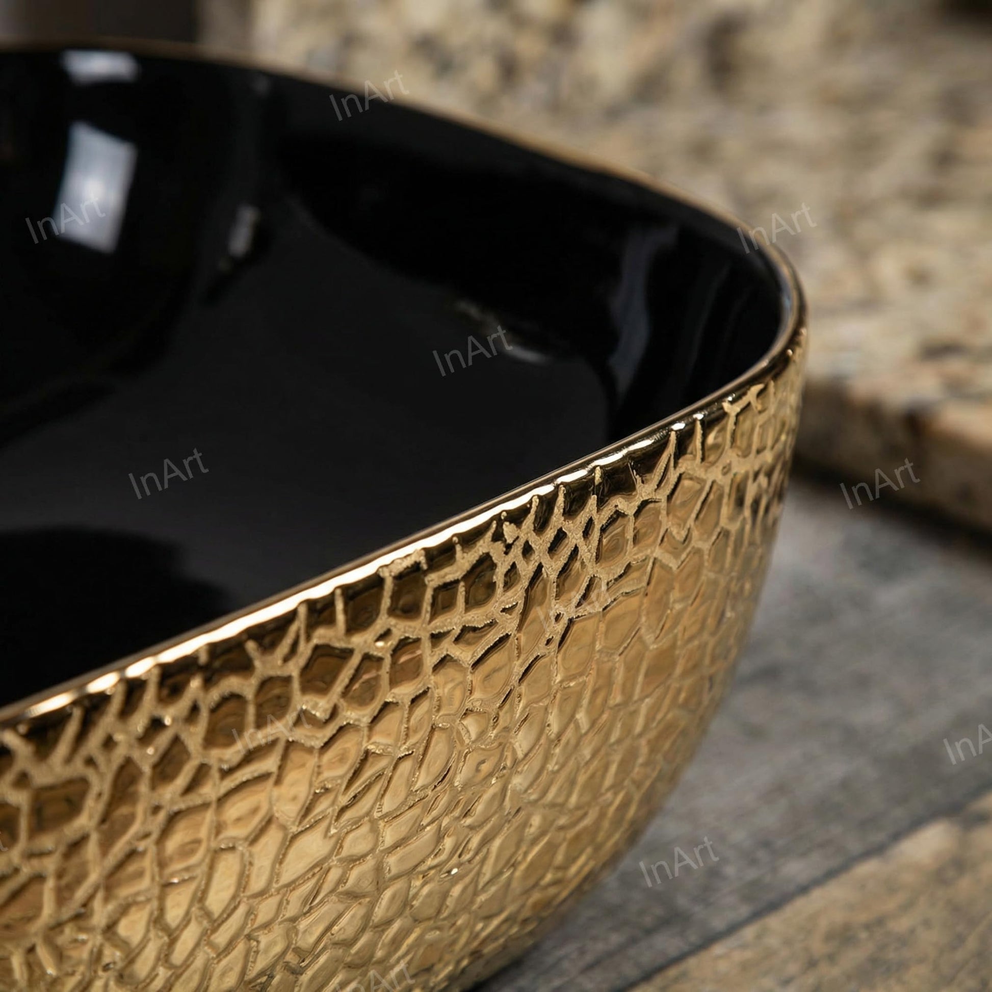 Above counter wash basin design for bathroom, black gold ceramic basin with premium glossy finish