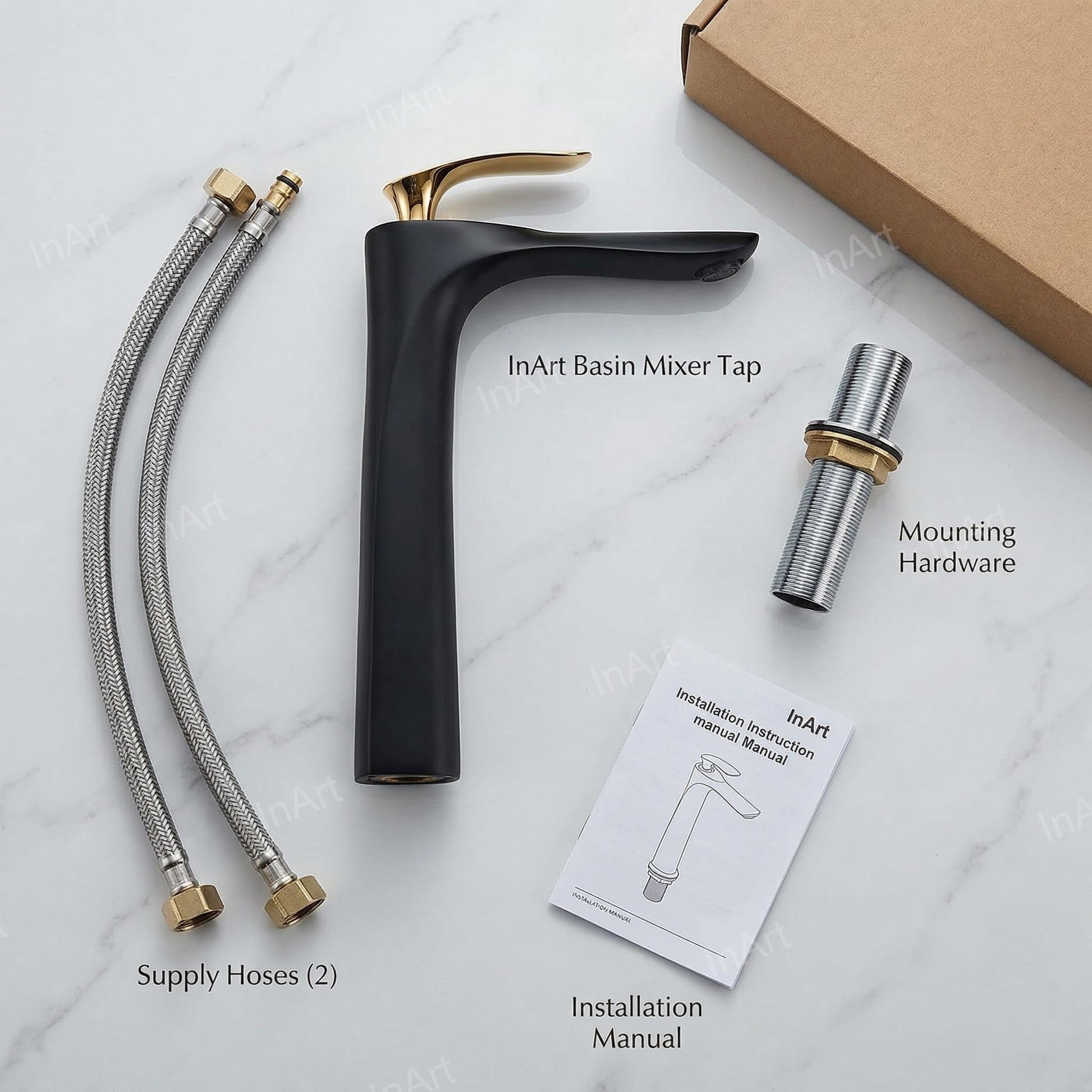 Designer black gold basin mixer tap for modern bathroom, single lever control for hot and cold water
