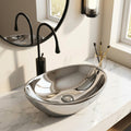 Dining hall wash basin cabinet design with InArt ceramic oval table top wash basin in silver finish, front view