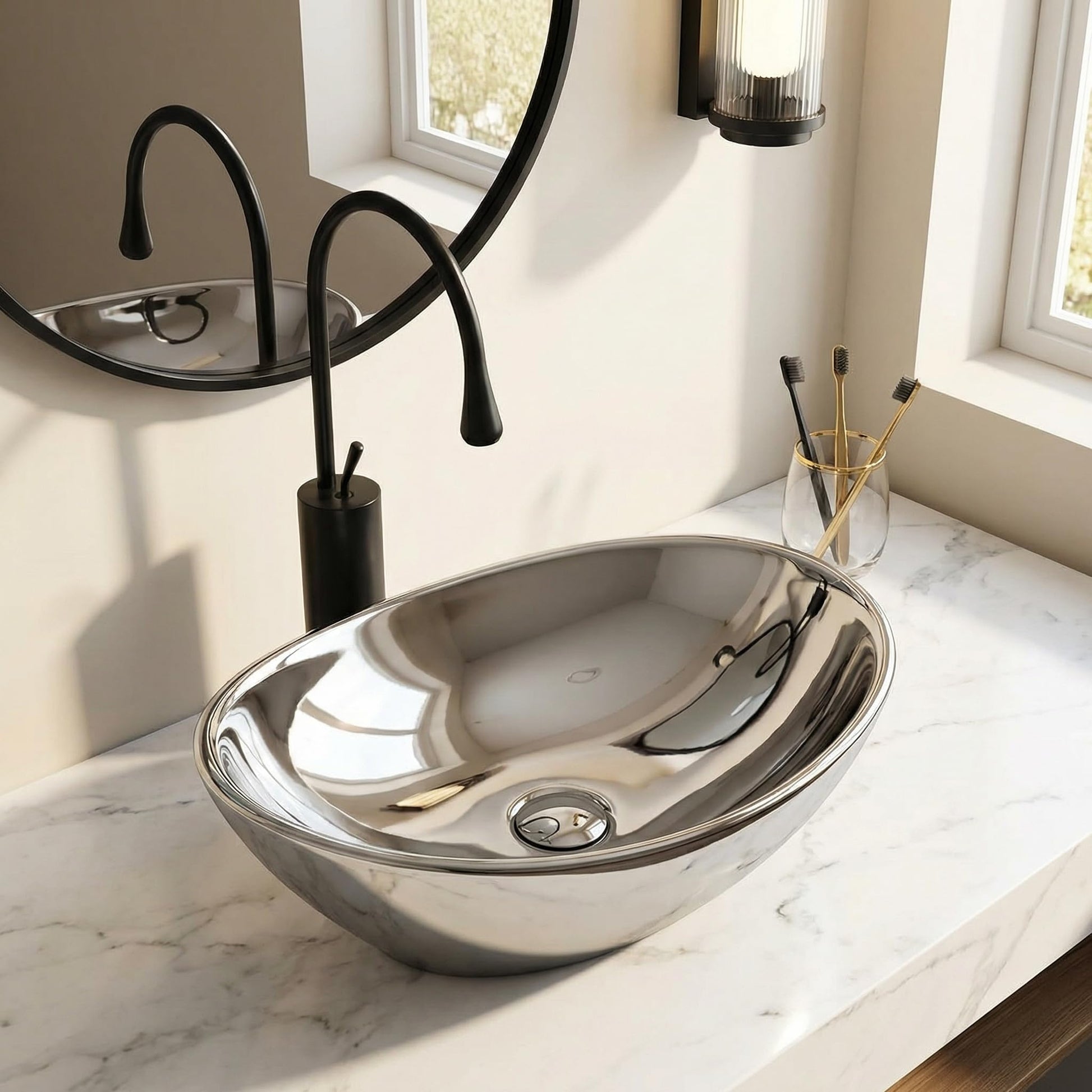 Dining hall wash basin cabinet design with InArt ceramic oval table top wash basin in silver finish, front view