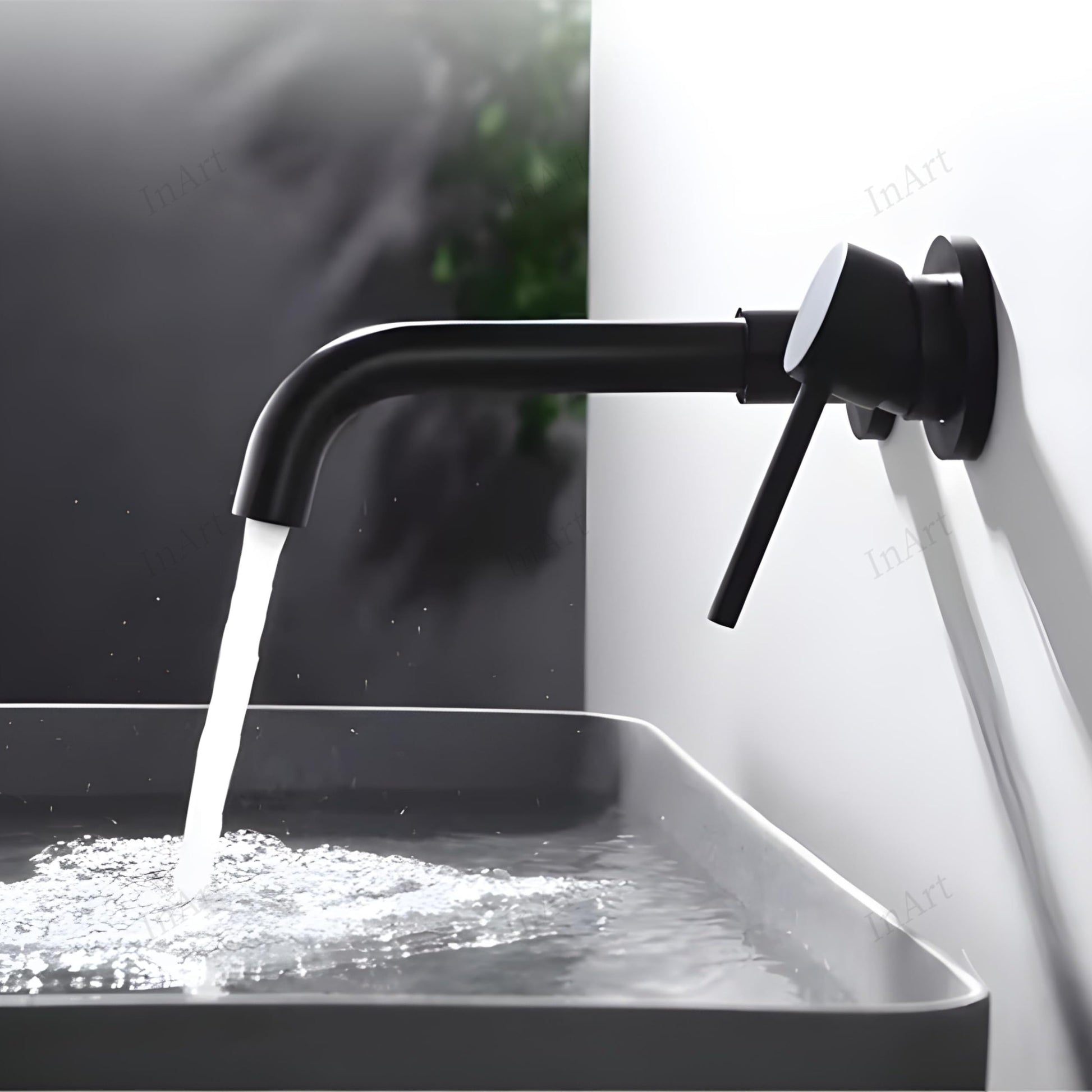 InArt single lever basin mixer wall mounted with concealed parts, close-up of brass body in matte black
