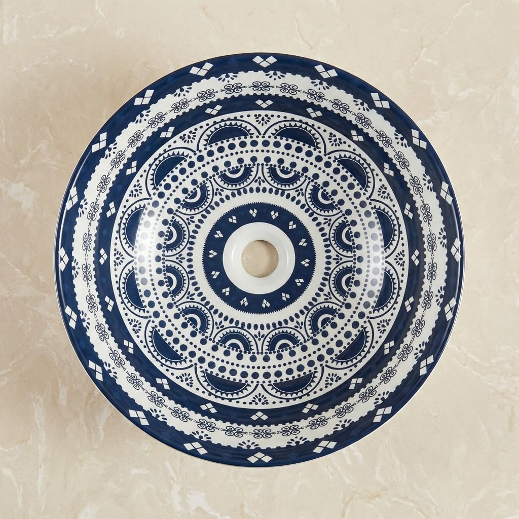 InArt ceramic table top wash basin, round Mexican blue glossy finish, premium bathroom basin