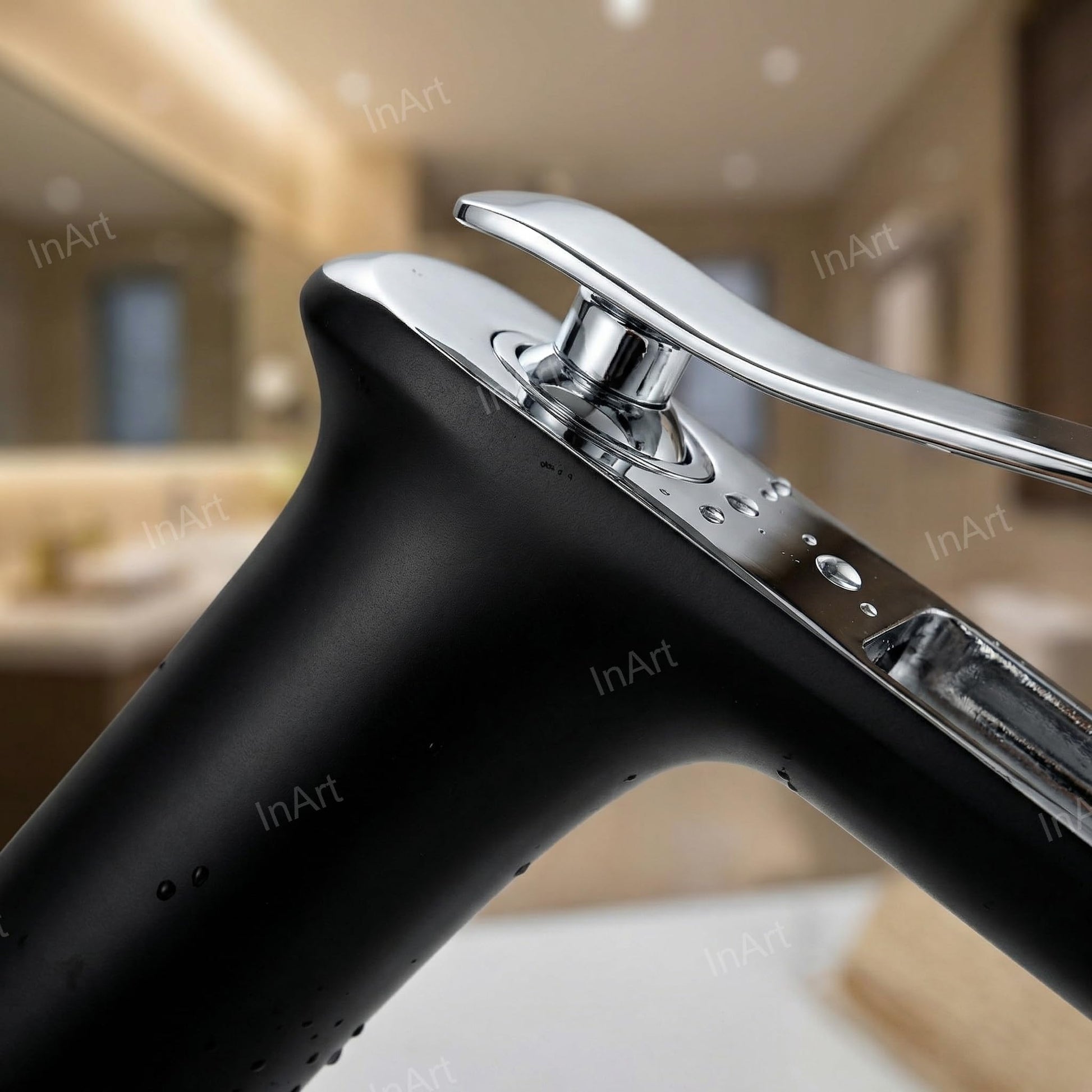 Single lever basin tap spout detail in black chrome, premium brass basin mixer for Indian bathroom wash basin
