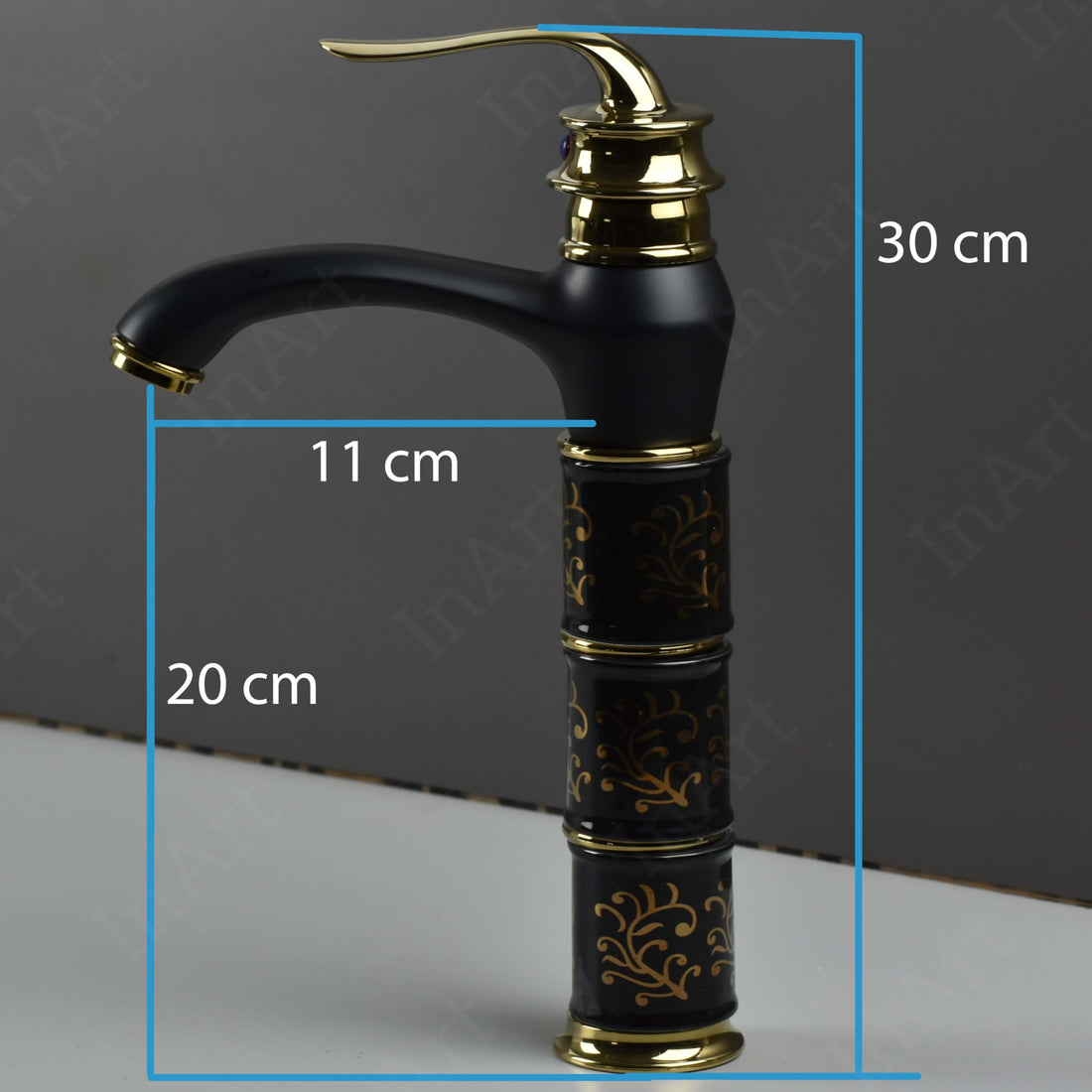 Cera basin mixer style InArt zinc alloy waterfall high neck tap in black gold antique finish, front view