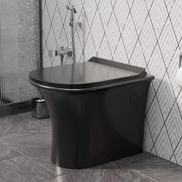 Buy black western toilet online InArt glossy black ceramic oval back to wall WC pan with soft close seat