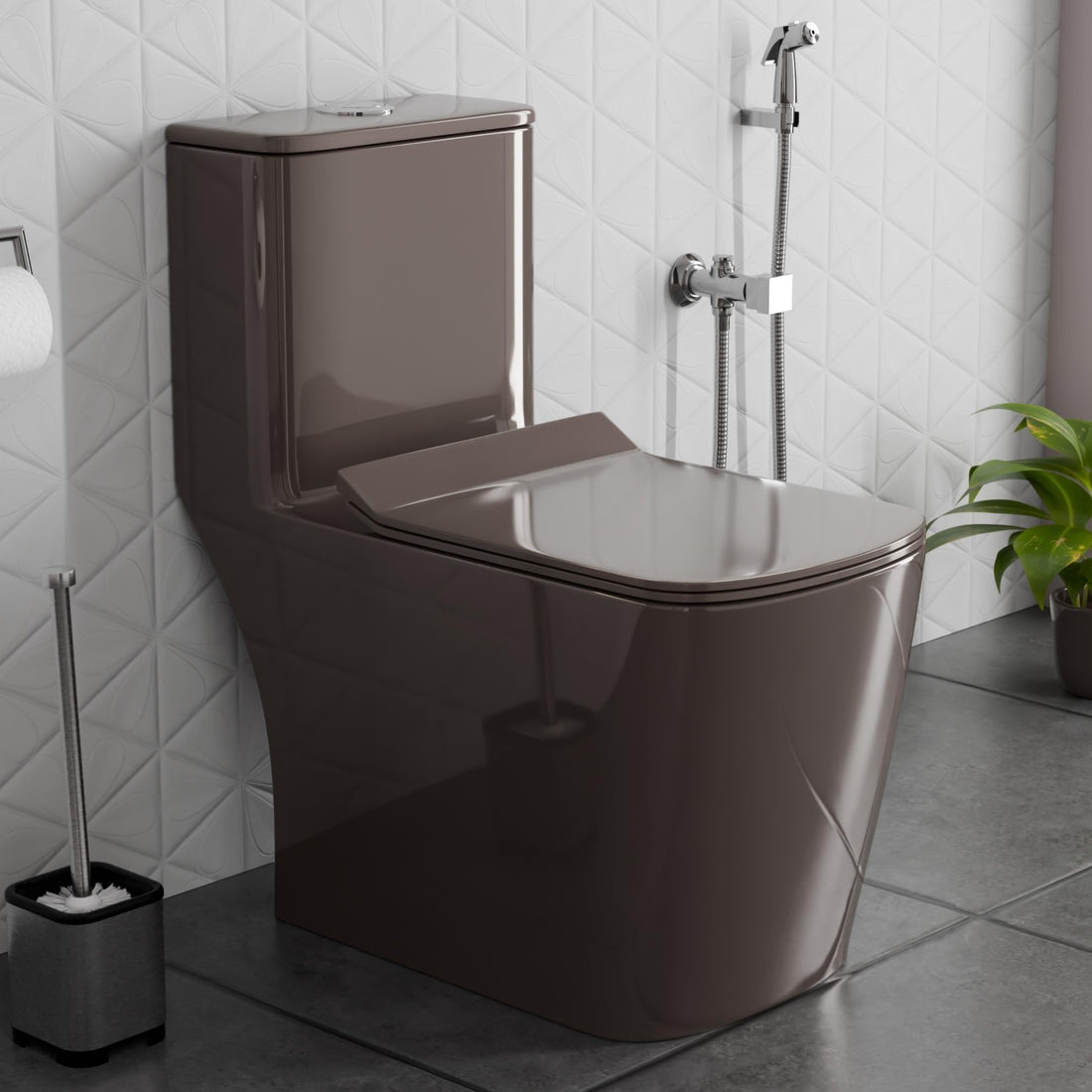 InArt ceramic one piece western toilet in brown square design, floor mounted S-trap, front view
