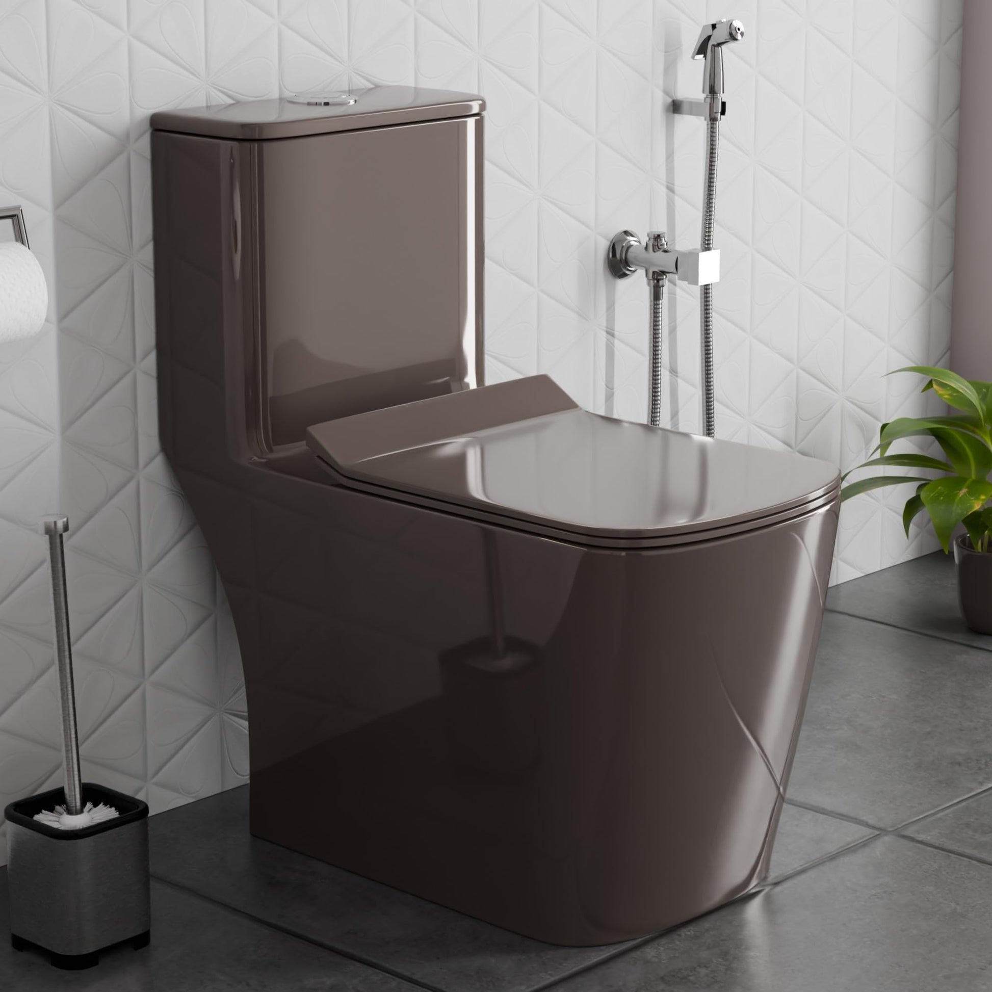 InArt single piece western toilet in brown square ceramic, floor mounted rimless commode main front view