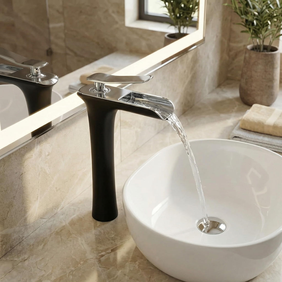 InArt single lever basin mixer tap in black chrome brass for bathroom wash basin, main front view