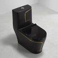 Designer western commode gold black, one piece rimless toilet seat angled view for modern bathroom