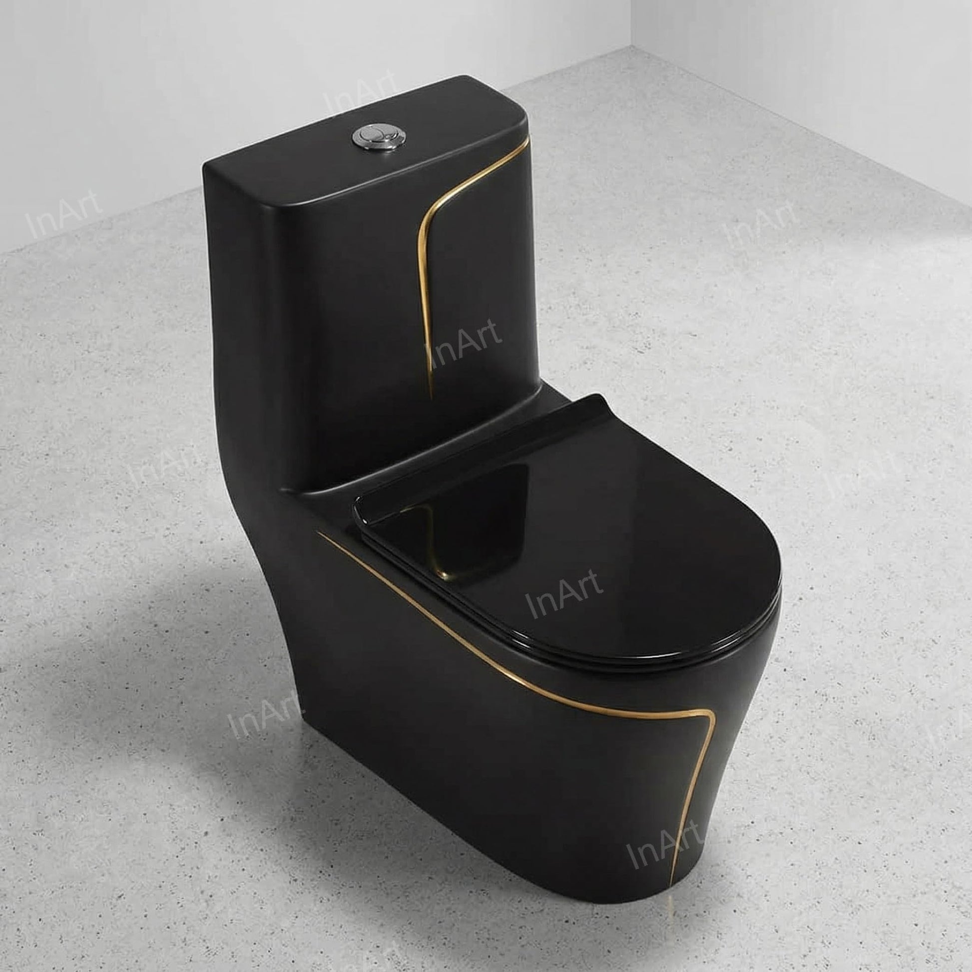 Designer western commode gold black, one piece rimless toilet seat angled view for modern bathroom