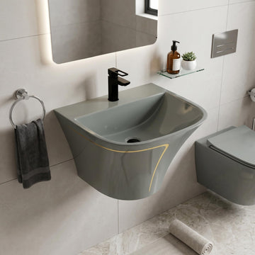 InArt wall mounted wash basin in glossy grey ceramic, rectangular slim rim with half pedestal, front view