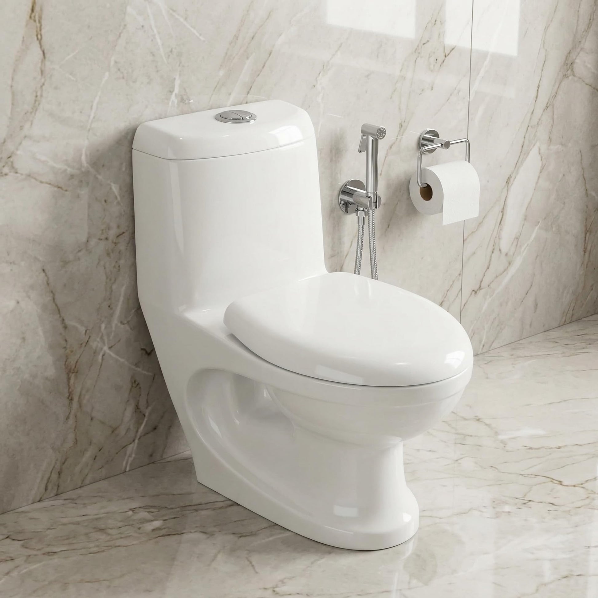 InArt single piece commode in glossy white ceramic, oval floor mounted western toilet with soft close seat