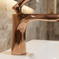 Deck mount basin mixer tap spout detail in rose gold, premium plated brass for bathroom