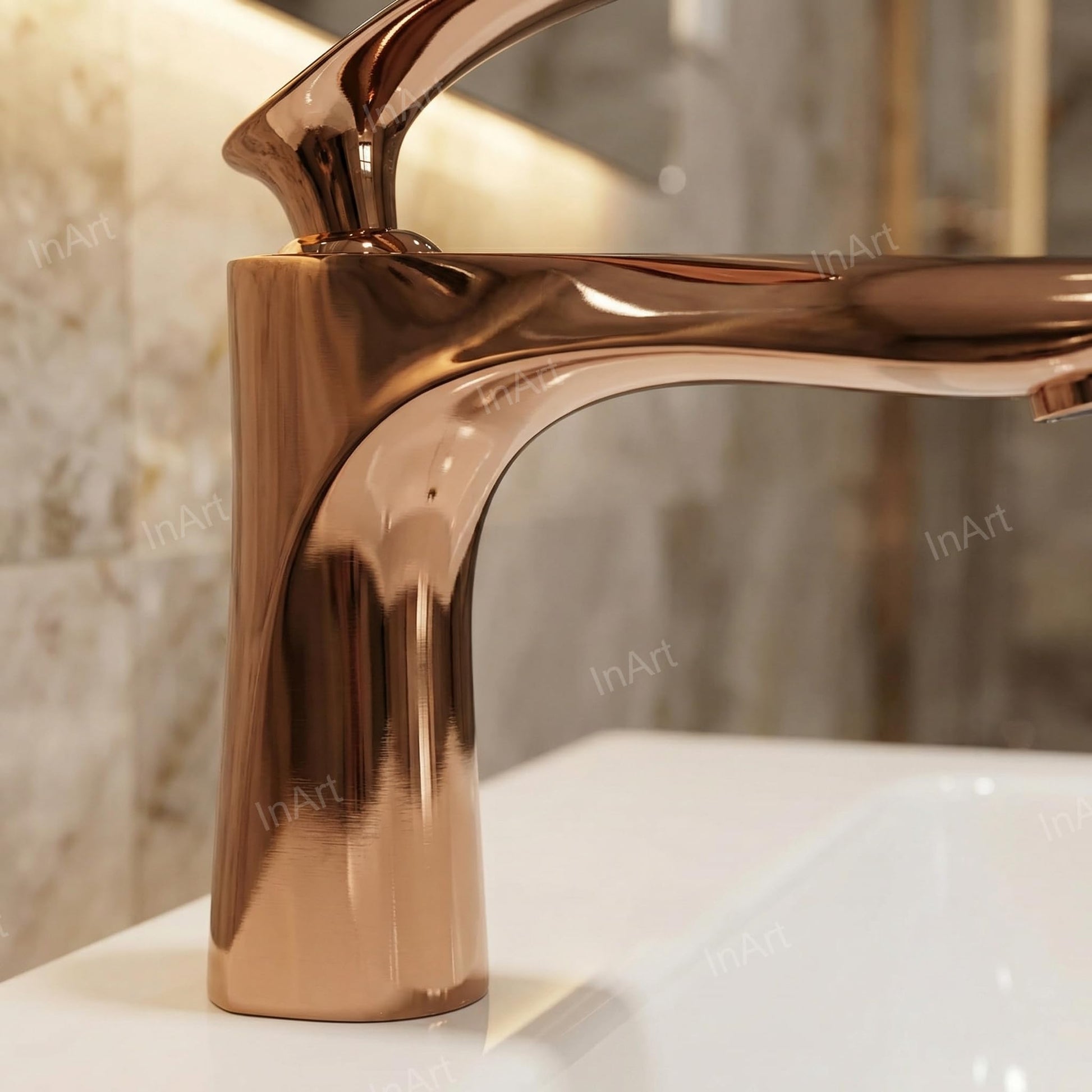Deck mount basin mixer tap spout detail in rose gold, premium plated brass for bathroom