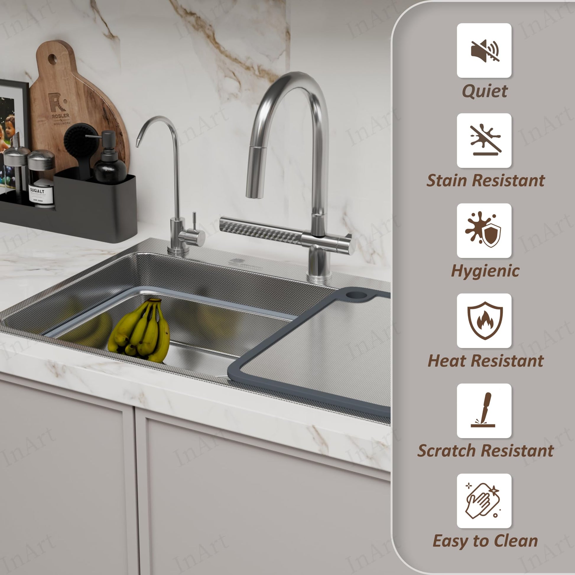 InArt stainless steel silver waterfall kitchen sink - drain assembly and mounting hardware components