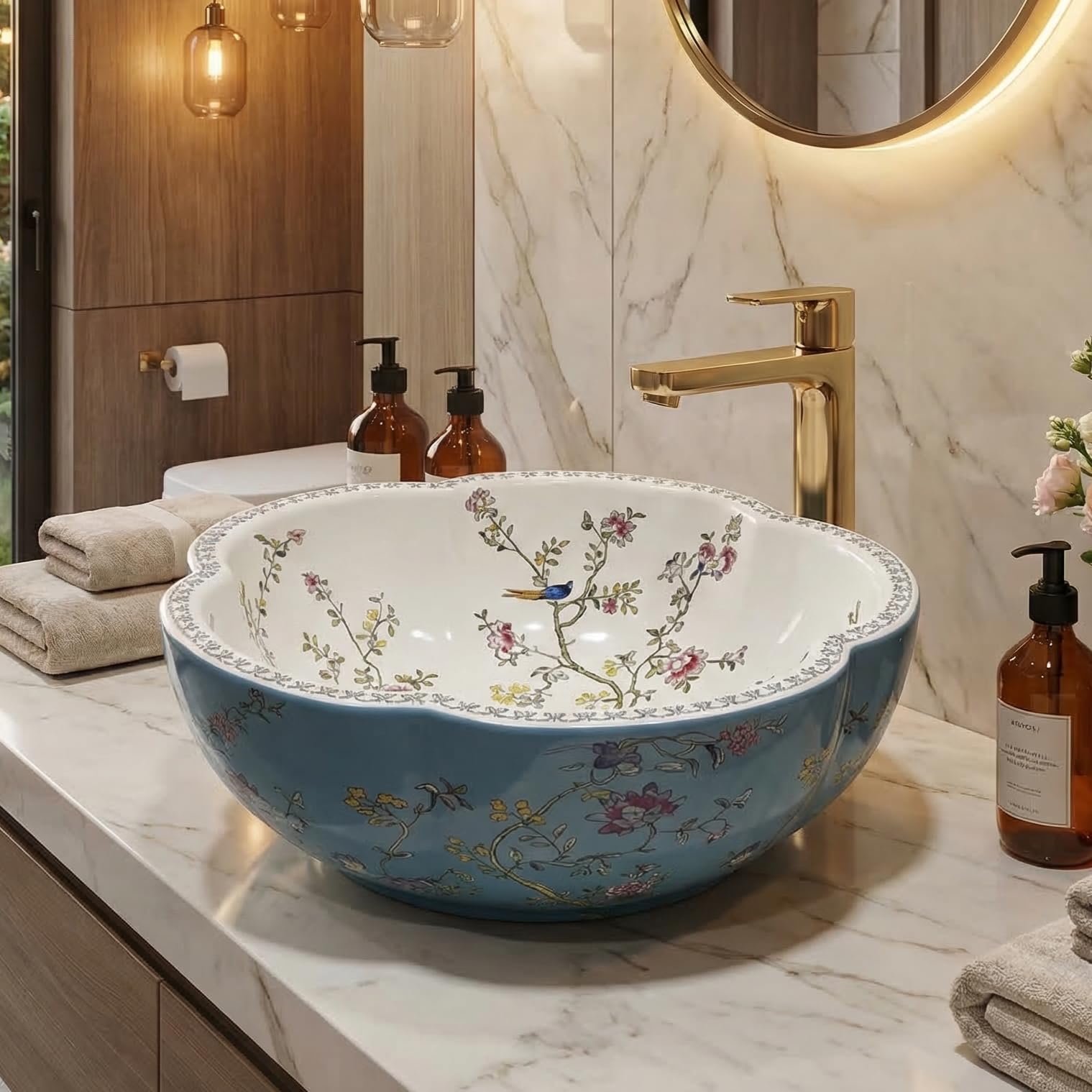 Wash basin price in India: InArt blue glossy ceramic round table top wash basin, main front view