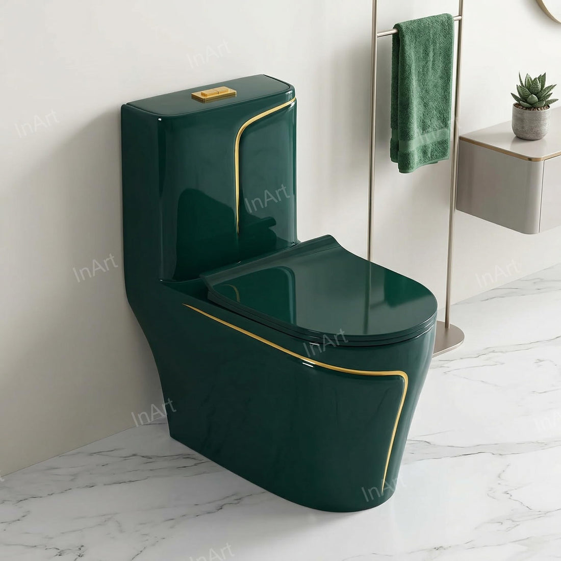 InArt floor mounted european water closet in green ceramic, elongated oval EWC with dual flush tank