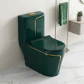 European water closet floor mounted green ceramic EWC, side angle showing concealed S trap and soft close seat