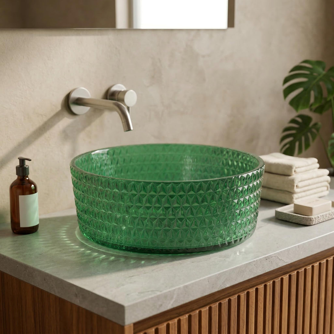 Hindware table top wash basin style by InArt, round green glass tabletop basin, glossy finish