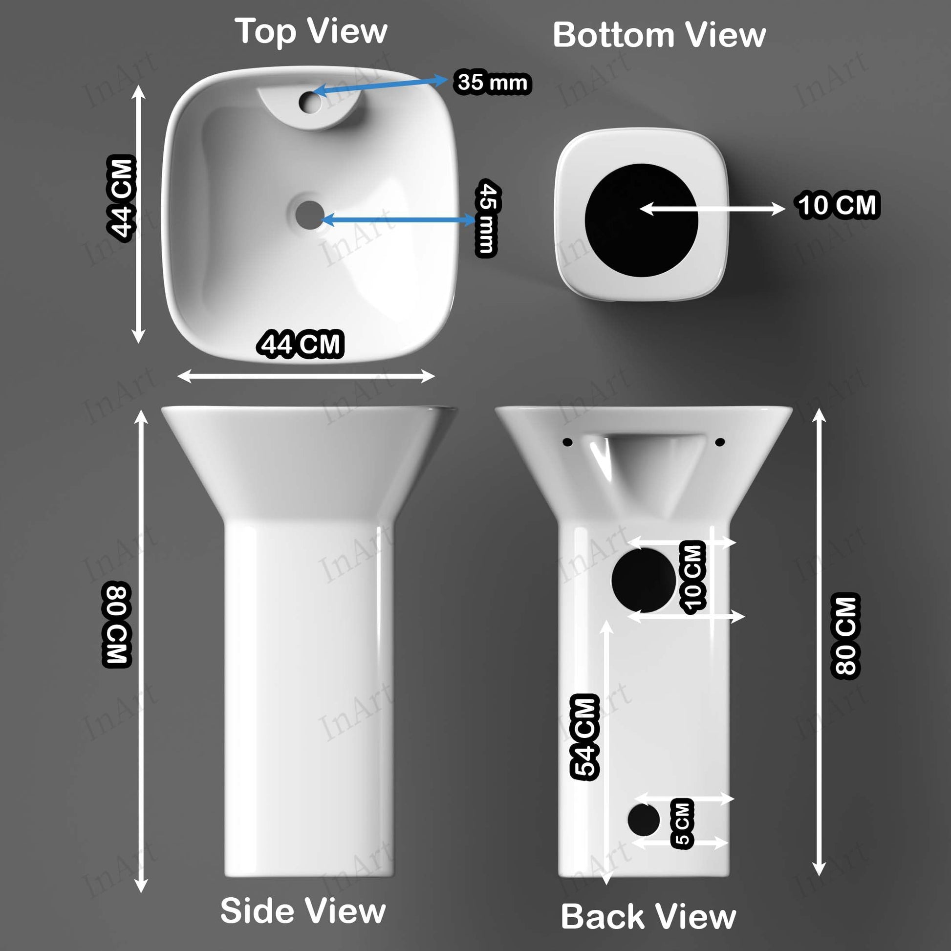 Free standing one piece pedestal wash basin in white ceramic, square base detail for stable bathroom fitting