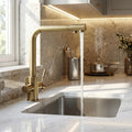 InArt tap water filter for sink with 3-way outlet, antique finish brass gooseneck spout and dual handles