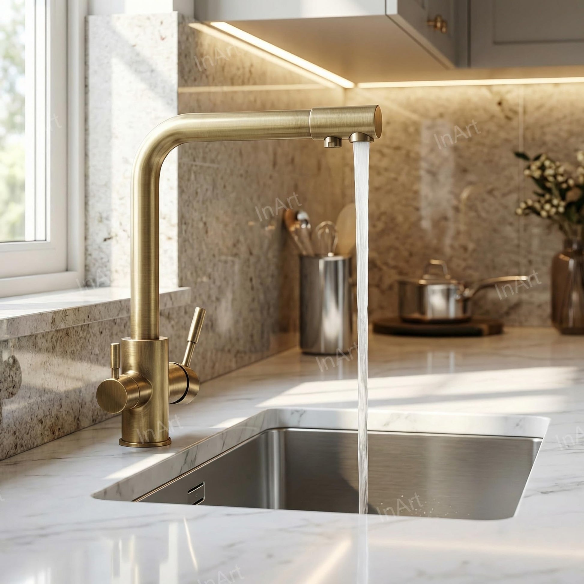 InArt tap water filter for sink with 3-way outlet, antique finish brass gooseneck spout and dual handles