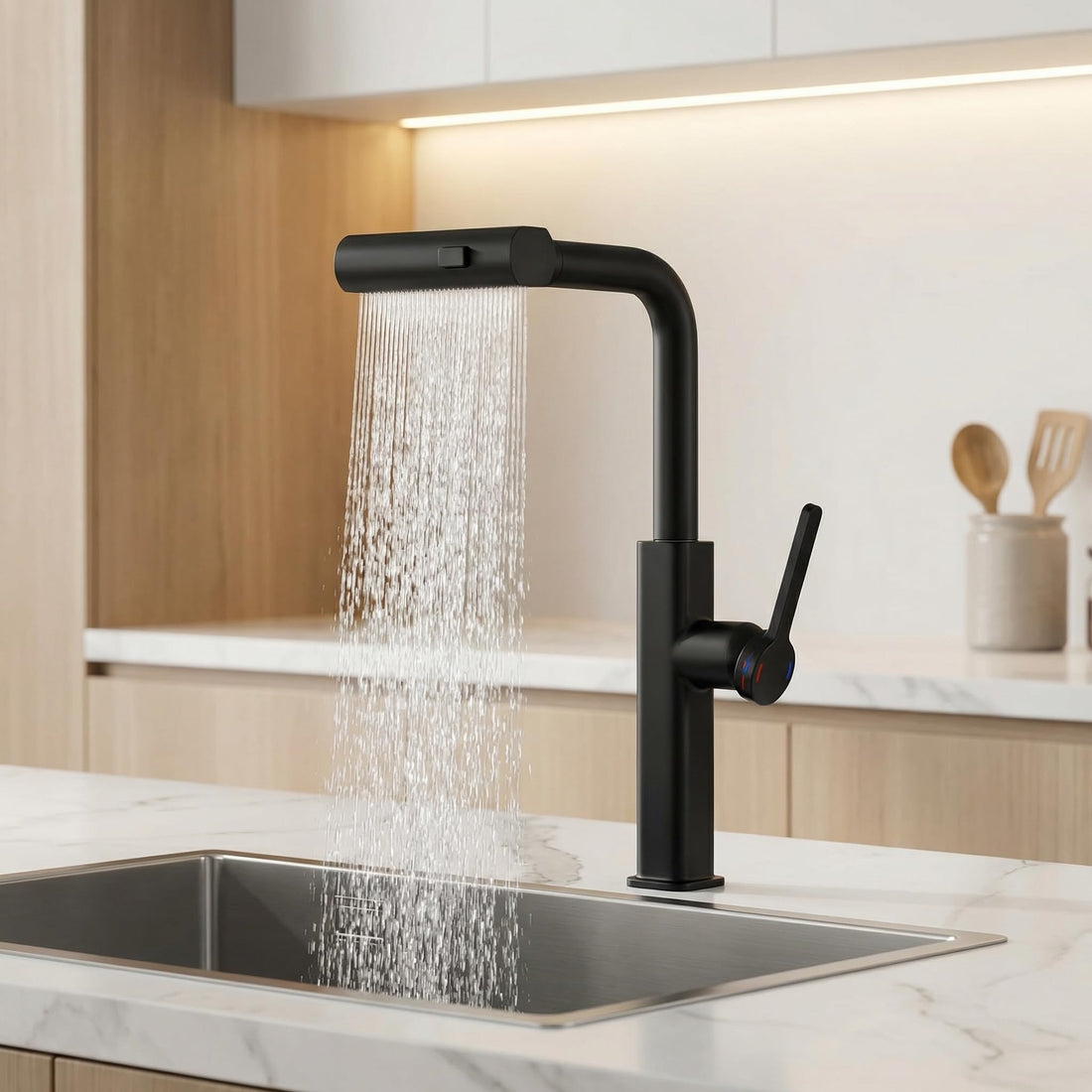 InArt kitchen faucet with sprayer, 360° rotatable brass gooseneck tap in matte black for kitchen sink