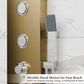 InArt stainless steel shower panel with 3 body jets, detail view of gold body nozzles on rectangular tower