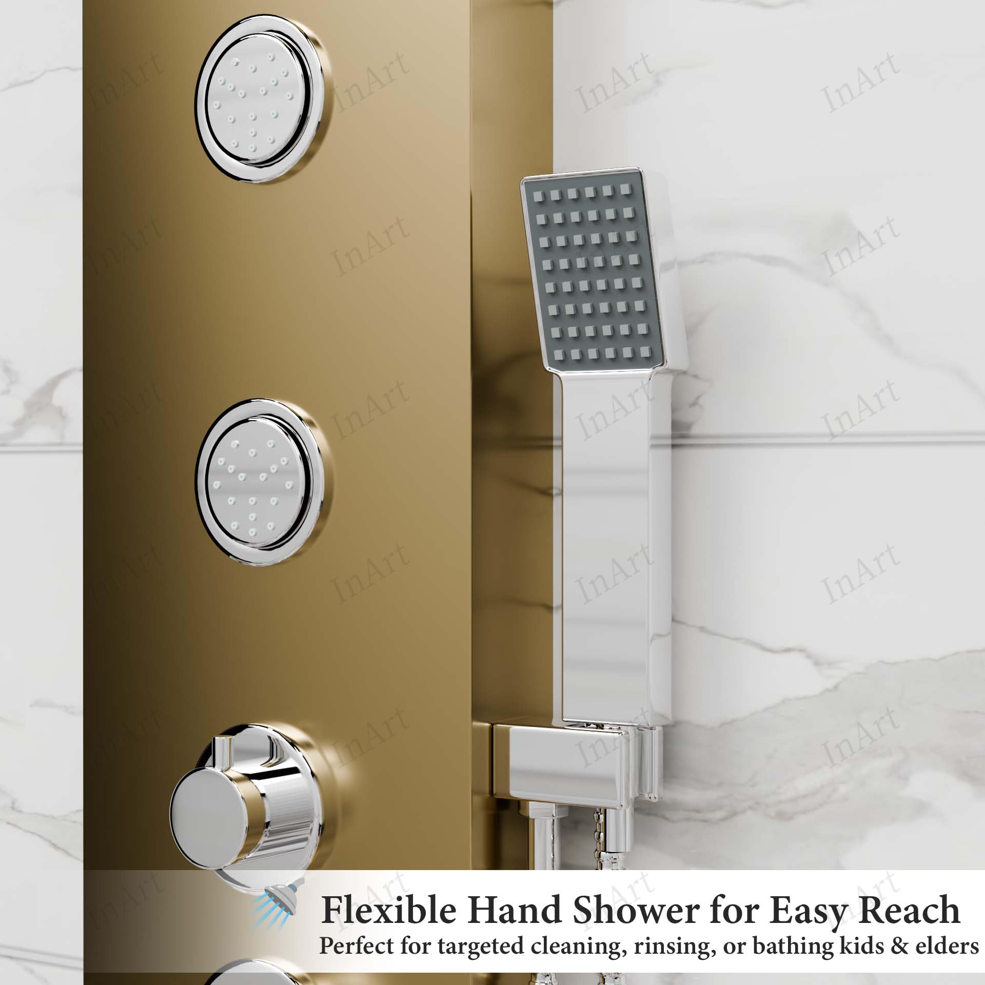 InArt stainless steel shower panel with 3 body jets, detail view of gold body nozzles on rectangular tower