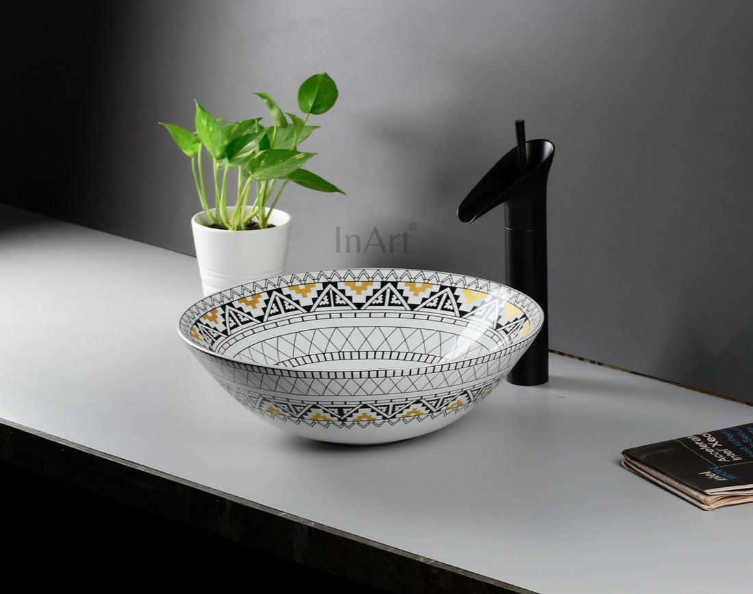 InArt hindware table top wash basin in round glossy ceramic with yellow Mexican pattern, front view