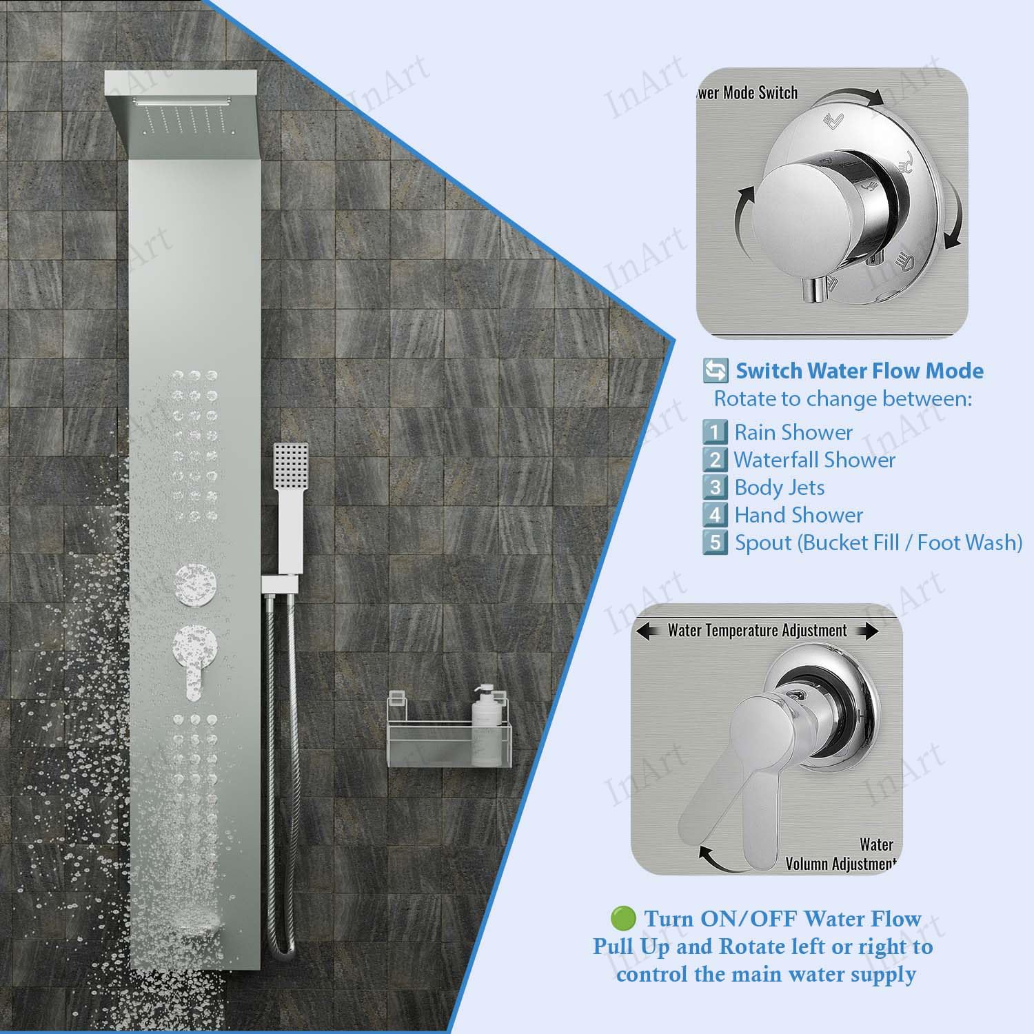 InArt shower panel tower system for bathroom, 5 in 1 set with handheld shower and tub spout, brushed nickel