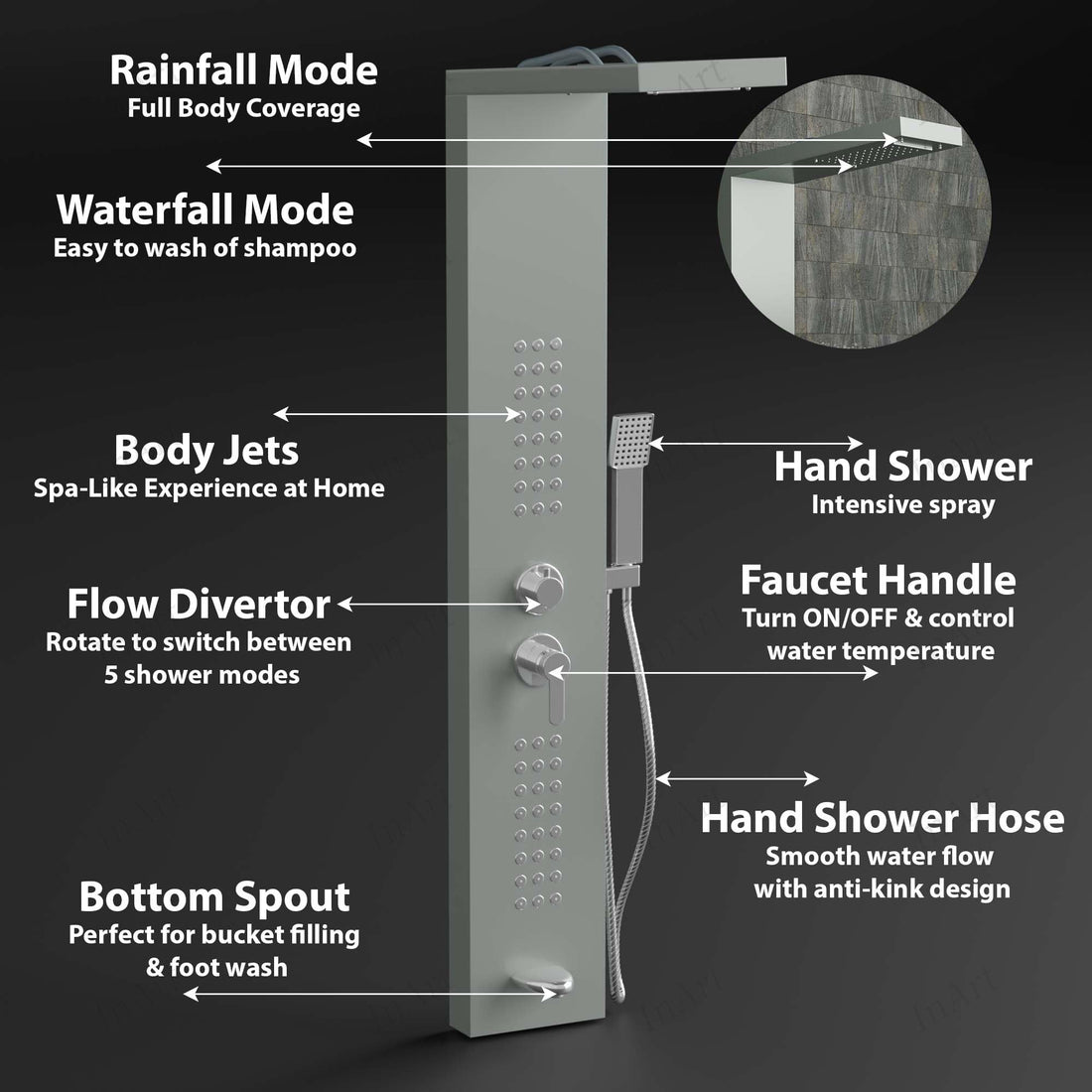 InArt black shower tower in 304 stainless steel, rectangular wall-mount shower panel system, brushed nickel