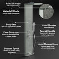 Modern shower tower panel system, brushed nickel stainless steel, angled view with rainfall and waterfall shower head