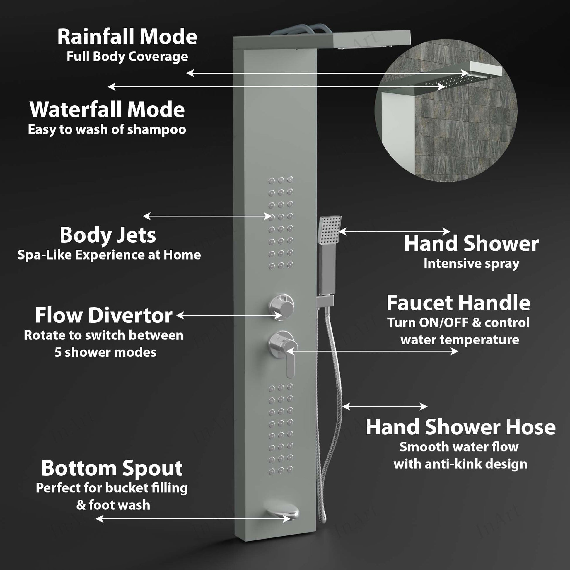 Modern shower tower panel system, brushed nickel stainless steel, angled view with rainfall and waterfall shower head