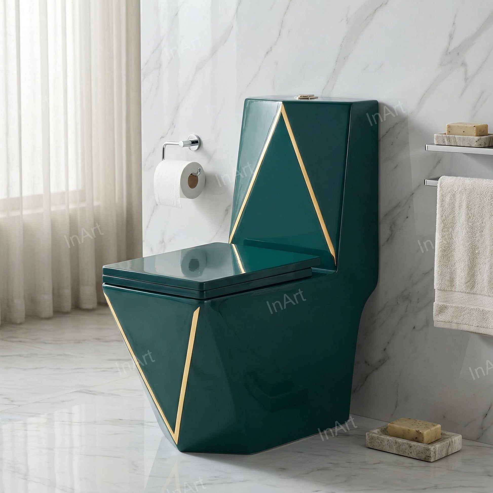 InArt ceramic floor mounted western toilet with hydraulic soft close seat cover and flush tank, close-up detail